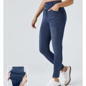 Halara Flex high-waisted casual denim leggings featuring a three-button fly sz L